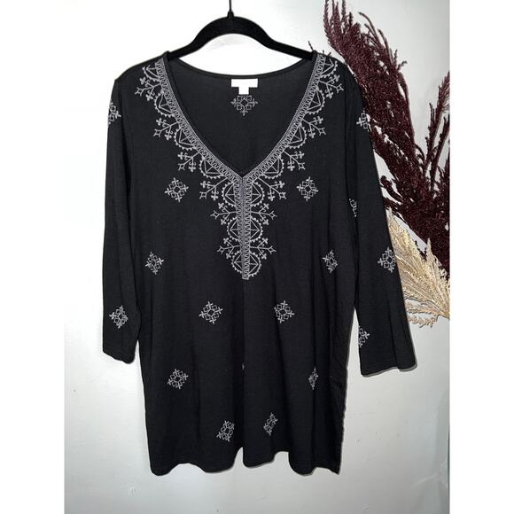 J. Jill black and white embroidered long tunic blouse made in India petite sz M - Picture 1 of 7